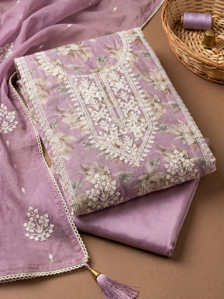 Lavender Embroidered Chanderi Unstitched Suit &amp; Pant With Chanderi Dupatta
