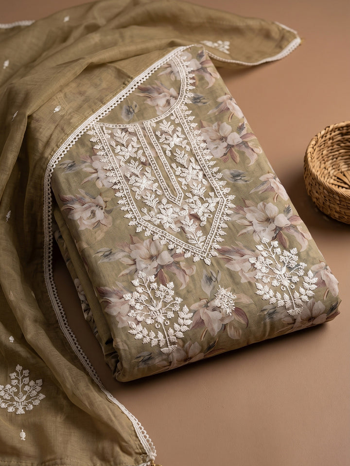 Mehndi Embroidered Chanderi Unstitched Suit &amp; Pant With Chanderi Dupatta