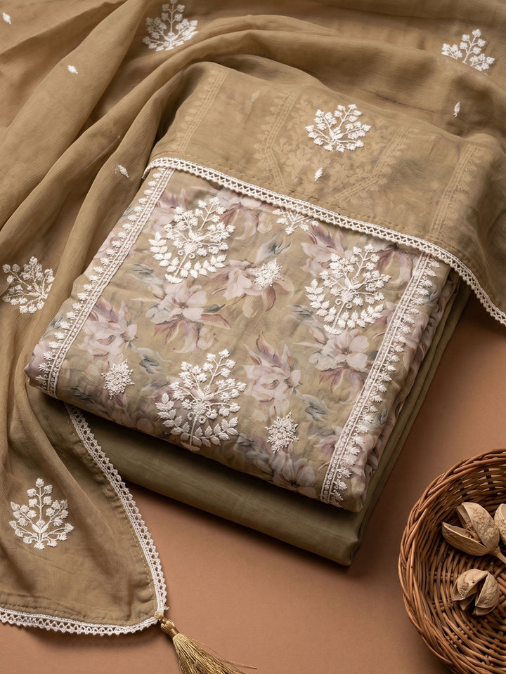 Mehndi Embroidered Chanderi Unstitched Suit &amp; Pant With Chanderi Dupatta
