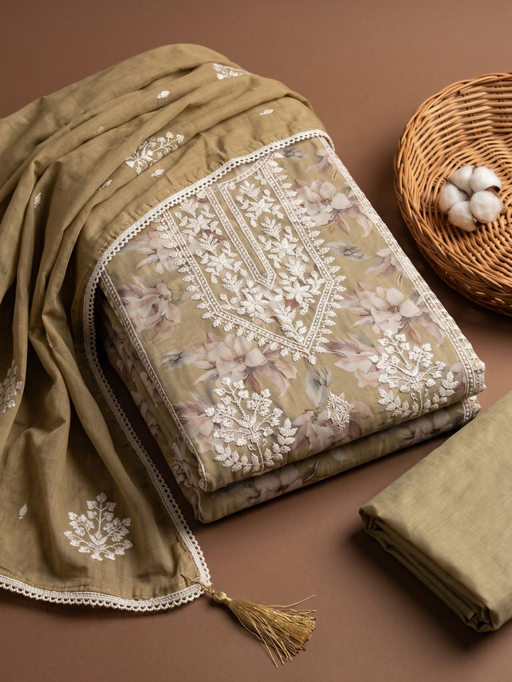 Mehndi Embroidered Chanderi Unstitched Suit &amp; Pant With Chanderi Dupatta