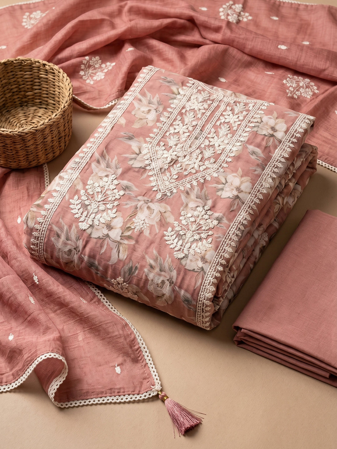 Peach Embroidered Chanderi Unstitched Suit &amp; Pant With Chanderi Dupatta