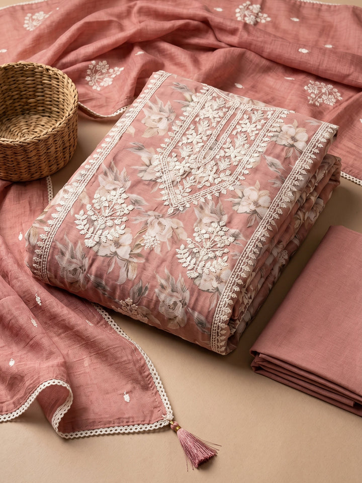 Peach Embroidered Chanderi Unstitched Suit &amp; Pant With Chanderi Dupatta