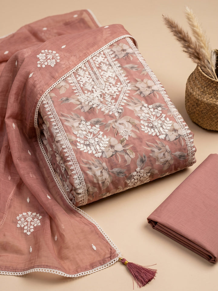 Peach Embroidered Chanderi Unstitched Suit &amp; Pant With Chanderi Dupatta