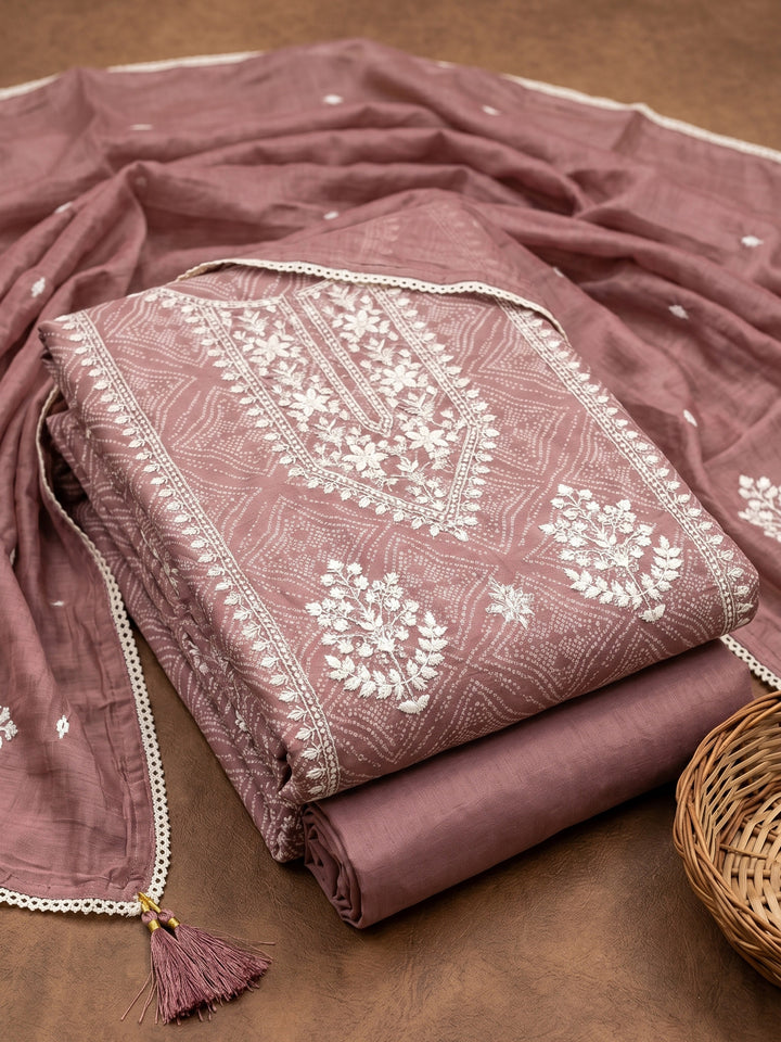 Dusty Pink Printed Cotton Blend Unstitched Suit &amp; Pant With Cotton Dupatta