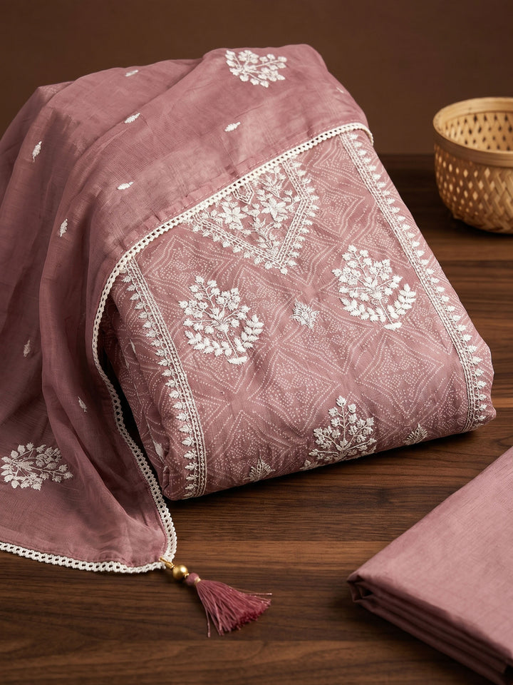 Dusty Pink Printed Cotton Blend Unstitched Suit &amp; Pant With Cotton Dupatta