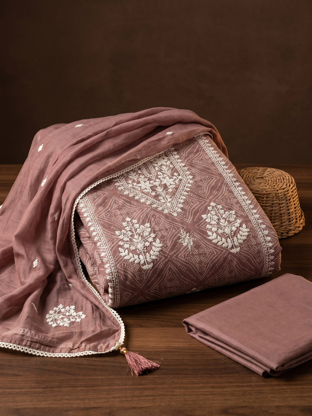 Dusty Pink Printed Cotton Blend Unstitched Suit &amp; Pant With Cotton Dupatta