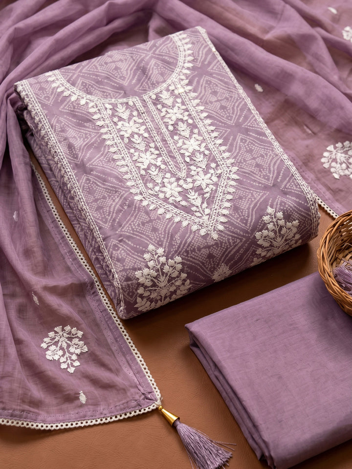Lavender Printed Cotton Blend Unstitched Suit &amp; Pant With Cotton Dupatta