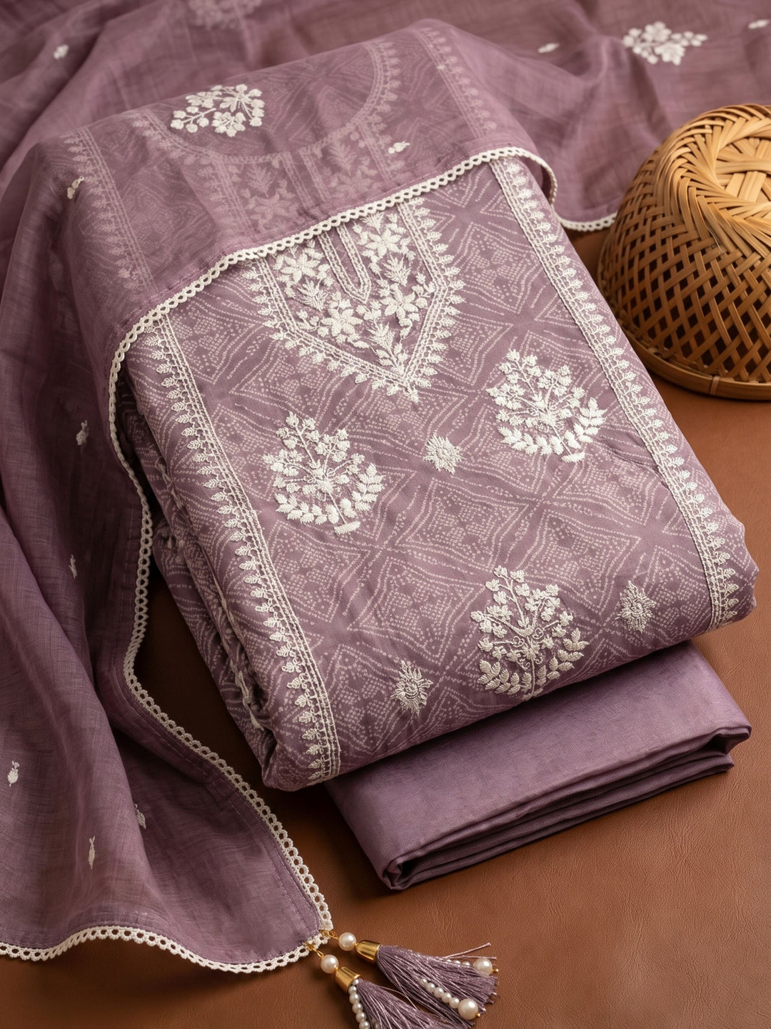 Lavender Printed Cotton Blend Unstitched Suit &amp; Pant With Cotton Dupatta