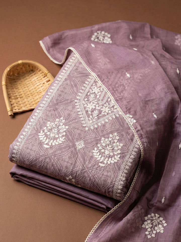 Lavender Printed Cotton Blend Unstitched Suit &amp; Pant With Cotton Dupatta
