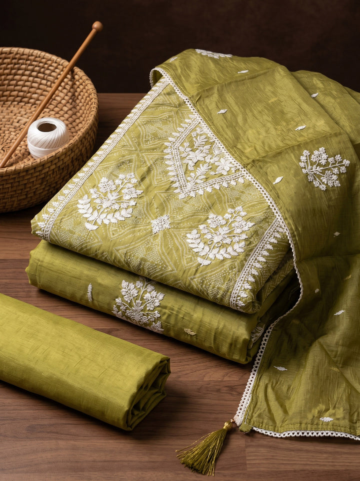 Mehndi Printed Cotton Blend Unstitched Suit &amp; Pant With Cotton Dupatta