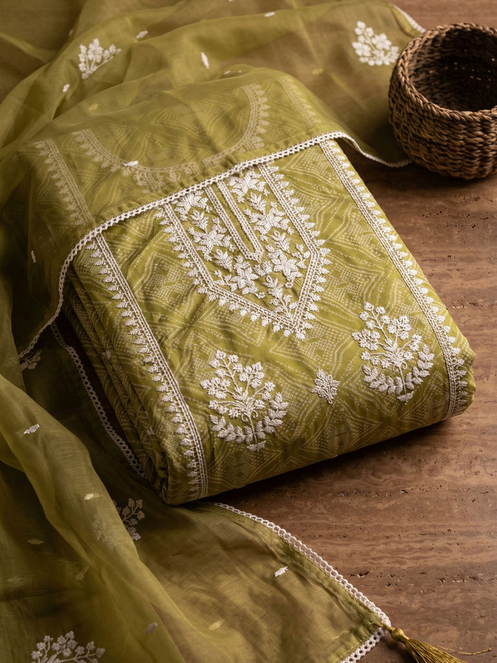 Mehndi Printed Cotton Blend Unstitched Suit &amp; Pant With Cotton Dupatta