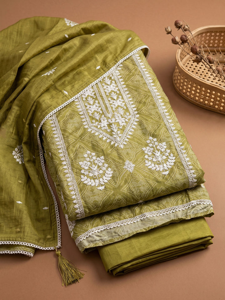 Mehndi Printed Cotton Blend Unstitched Suit &amp; Pant With Cotton Dupatta