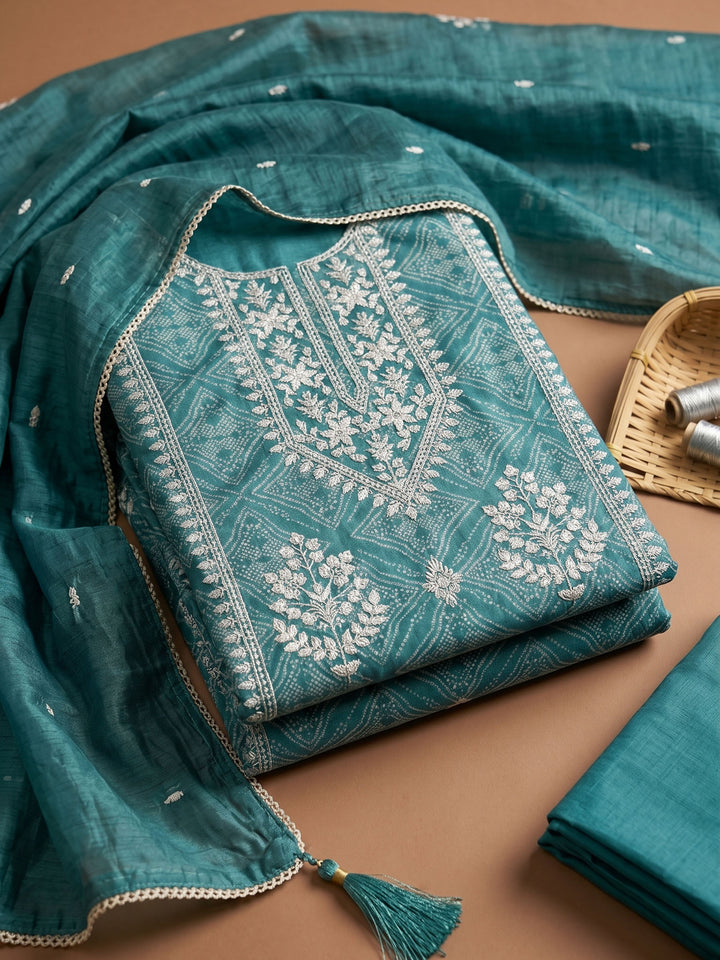 Rama Green Printed Cotton Blend Unstitched Suit &amp; Pant With Cotton Dupatta