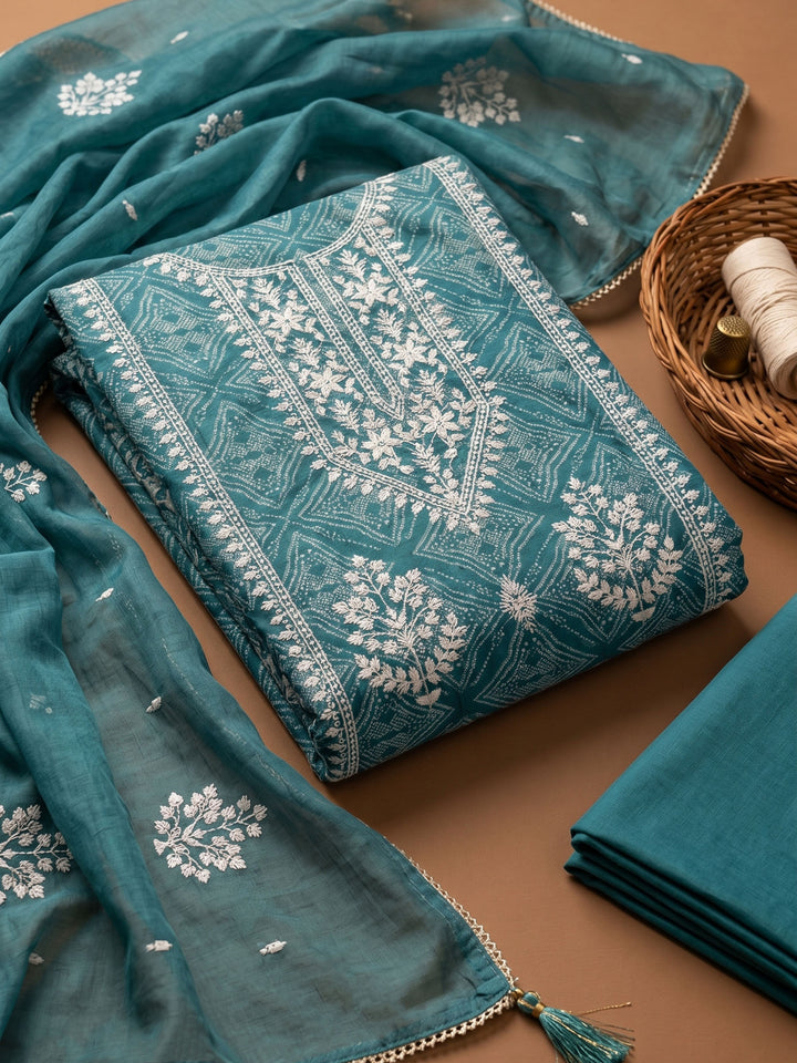 Rama Green Printed Cotton Blend Unstitched Suit &amp; Pant With Cotton Dupatta
