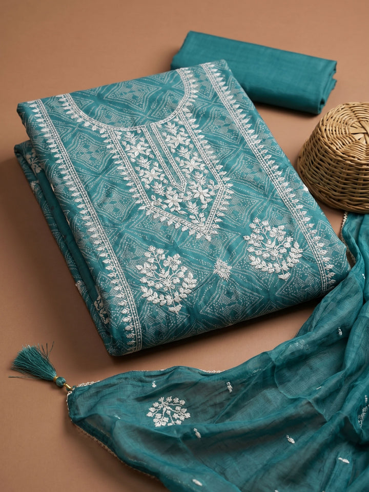 Rama Green Printed Cotton Blend Unstitched Suit &amp; Pant With Cotton Dupatta