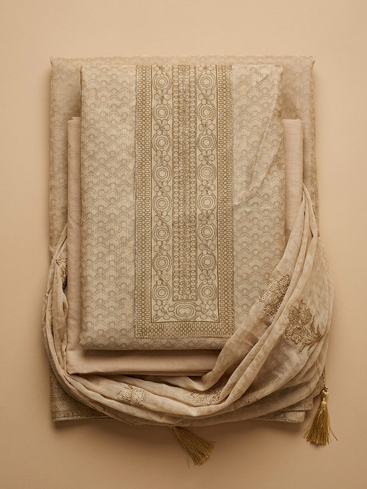 Beige Embroidered Chanderi Unstitched Suit &amp; Pant With Chanderi Dupatta