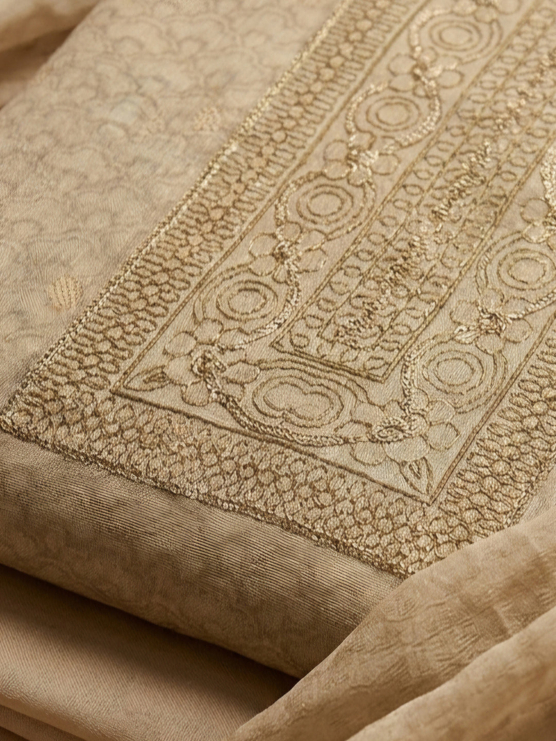 Beige Embroidered Chanderi Unstitched Suit &amp; Pant With Chanderi Dupatta
