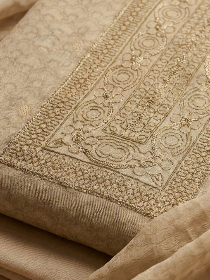 Beige Embroidered Chanderi Unstitched Suit &amp; Pant With Chanderi Dupatta