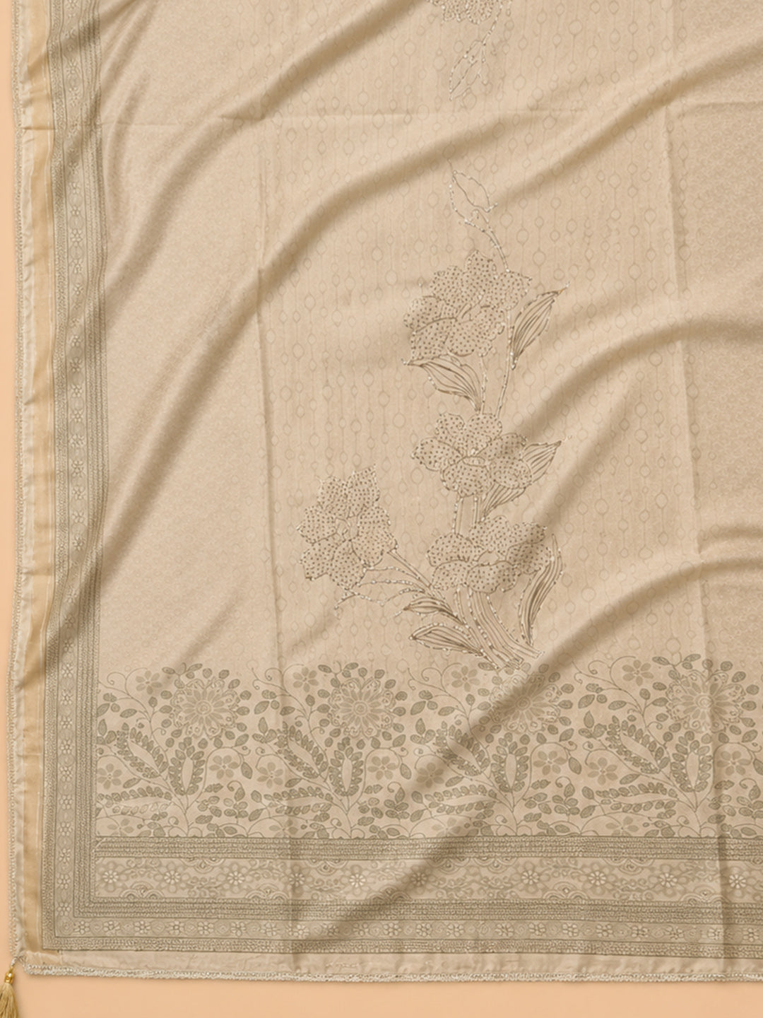 Beige Embroidered Chanderi Unstitched Suit &amp; Pant With Chanderi Dupatta