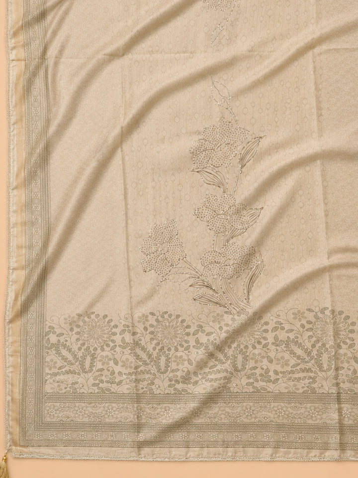 Beige Embroidered Chanderi Unstitched Suit &amp; Pant With Chanderi Dupatta