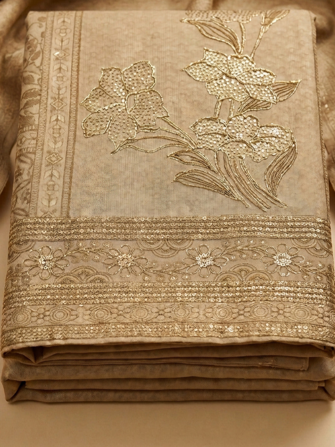 Beige Embroidered Chanderi Unstitched Suit &amp; Pant With Chanderi Dupatta