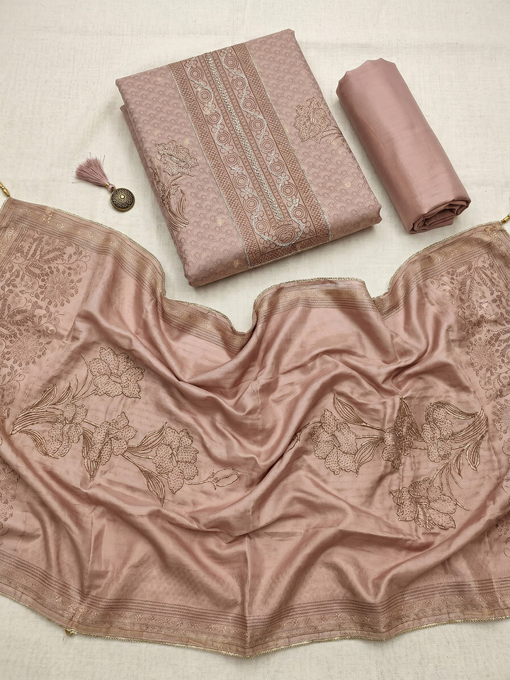 Peach Embroidered Chanderi Unstitched Suit &amp; Pant With Chanderi Dupatta