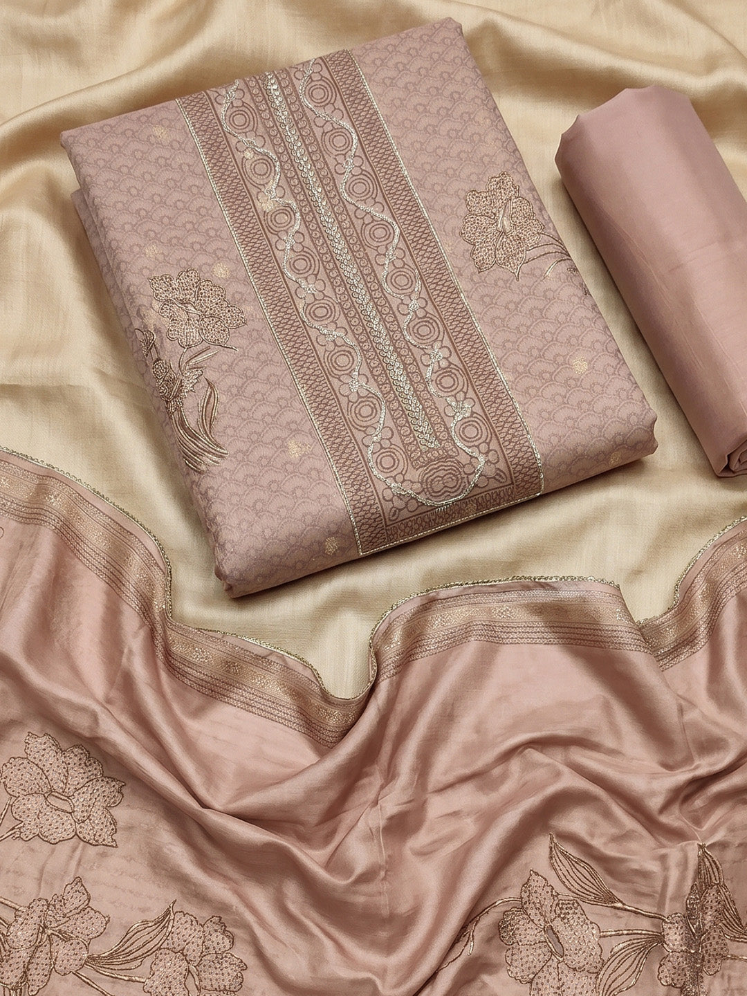 Peach Embroidered Chanderi Unstitched Suit &amp; Pant With Chanderi Dupatta