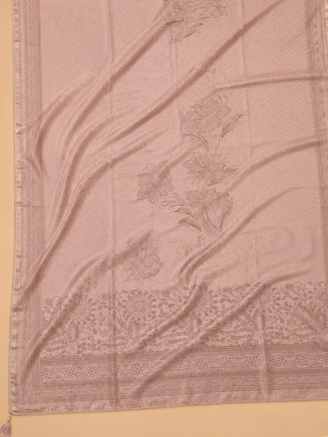 Peach Embroidered Chanderi Unstitched Suit &amp; Pant With Chanderi Dupatta