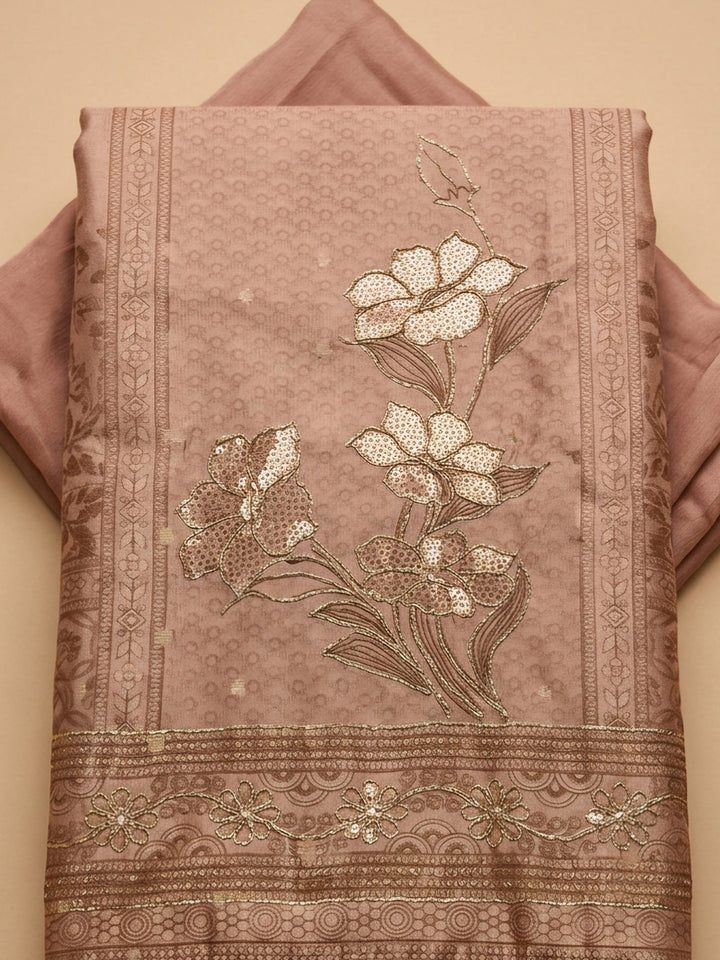 Peach Embroidered Chanderi Unstitched Suit &amp; Pant With Chanderi Dupatta