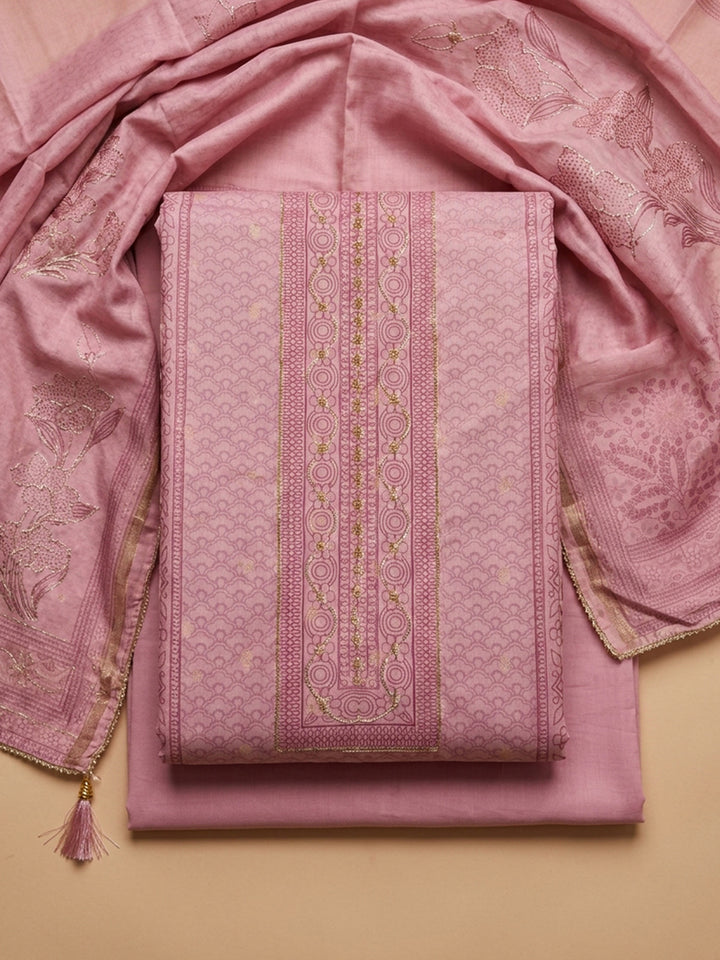 Pink Embroidered Chanderi Unstitched Suit &amp; Pant With Chanderi Dupatta