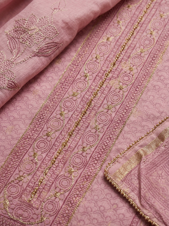Pink Embroidered Chanderi Unstitched Suit &amp; Pant With Chanderi Dupatta