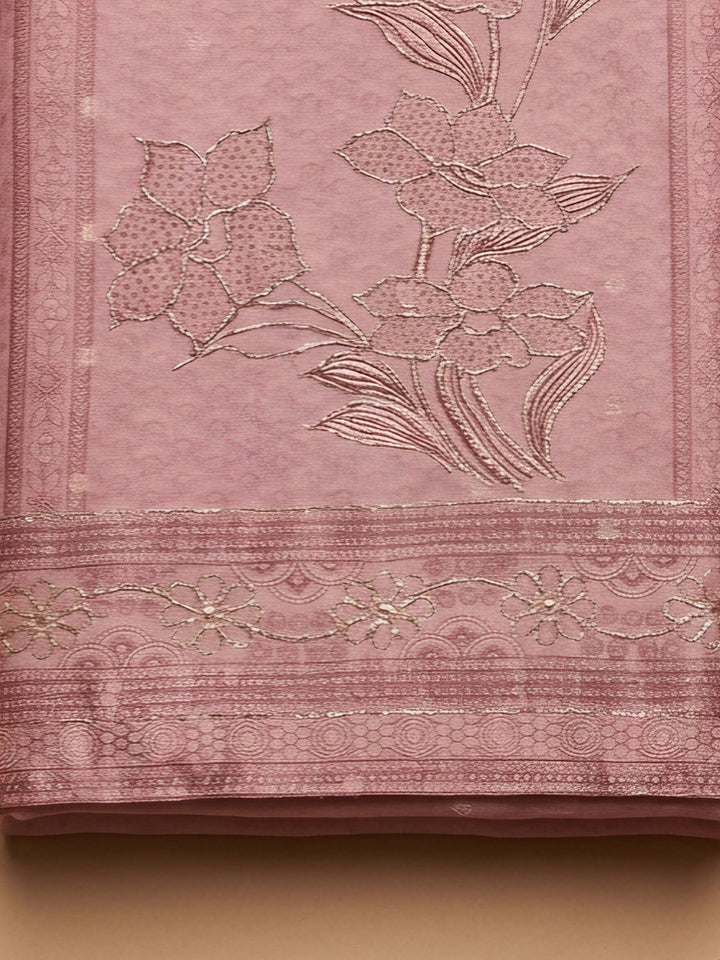 Pink Embroidered Chanderi Unstitched Suit &amp; Pant With Chanderi Dupatta