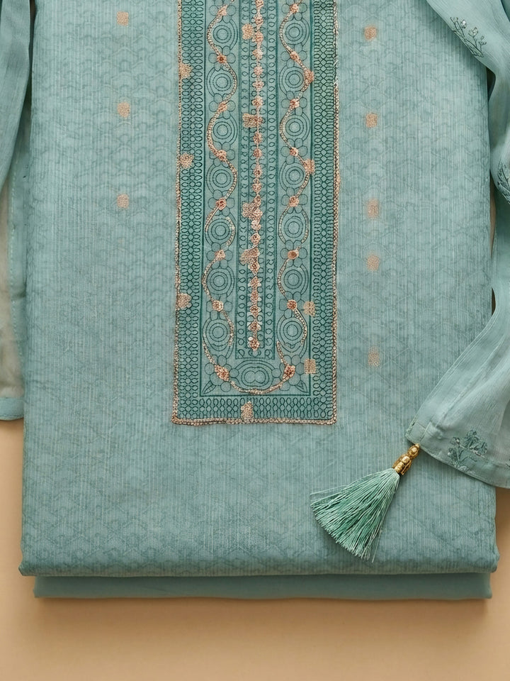 Sea Green Embroidered Chanderi Unstitched Suit &amp; Pant With Chanderi Dupatta