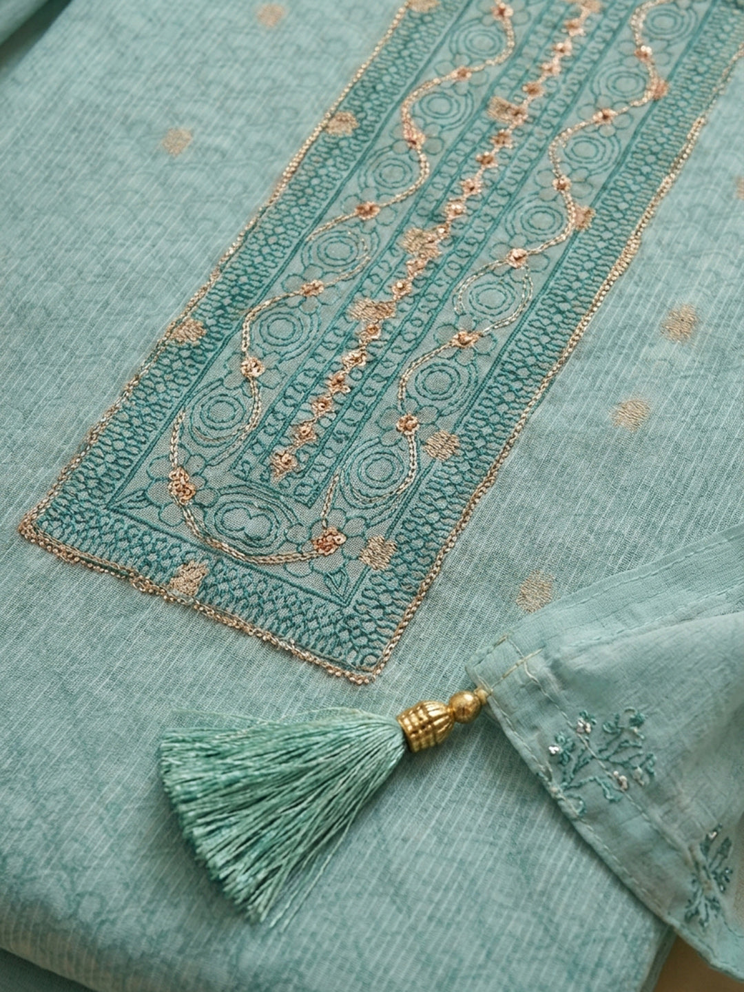 Sea Green Embroidered Chanderi Unstitched Suit &amp; Pant With Chanderi Dupatta