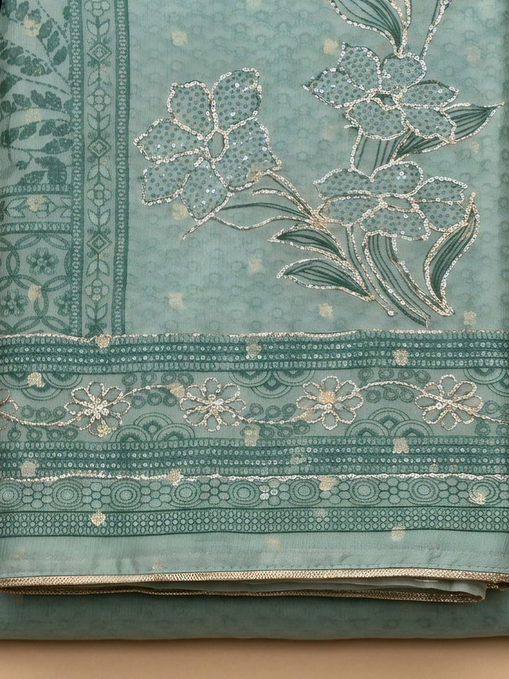 Sea Green Embroidered Chanderi Unstitched Suit &amp; Pant With Chanderi Dupatta