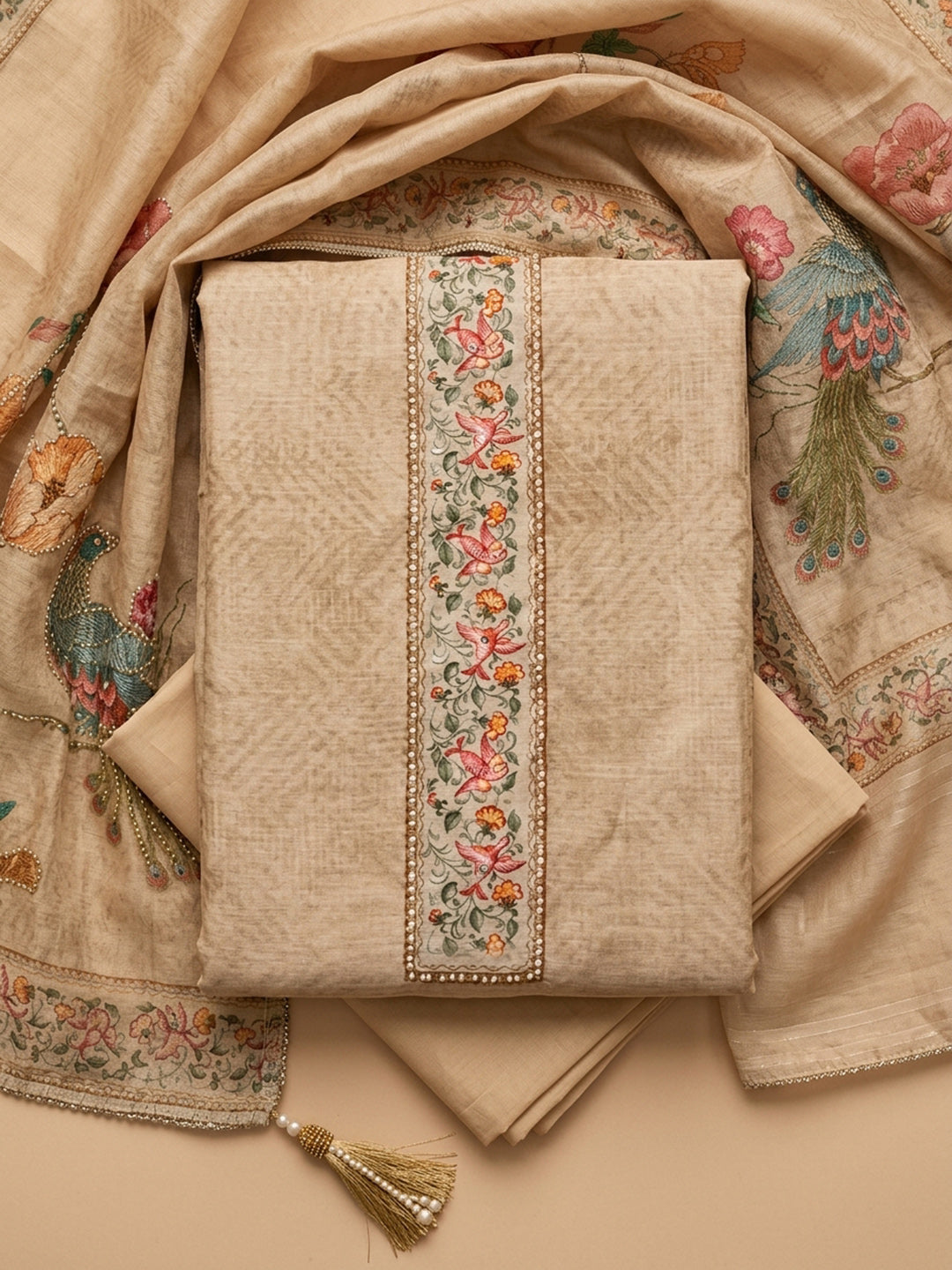 Beige Embroidered Chanderi Unstitched Suit &amp; Pant With Chanderi Dupatta