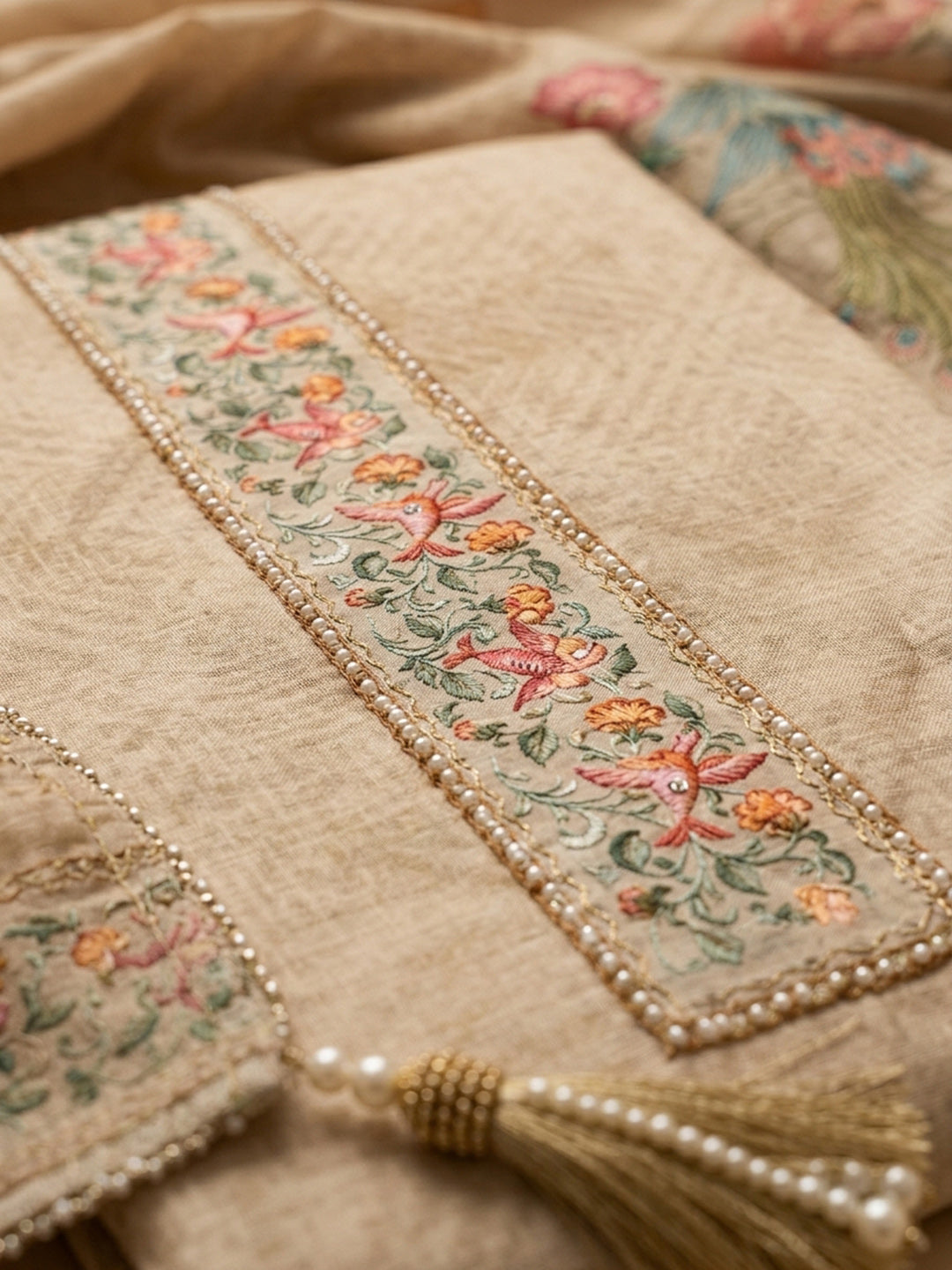 Beige Embroidered Chanderi Unstitched Suit &amp; Pant With Chanderi Dupatta
