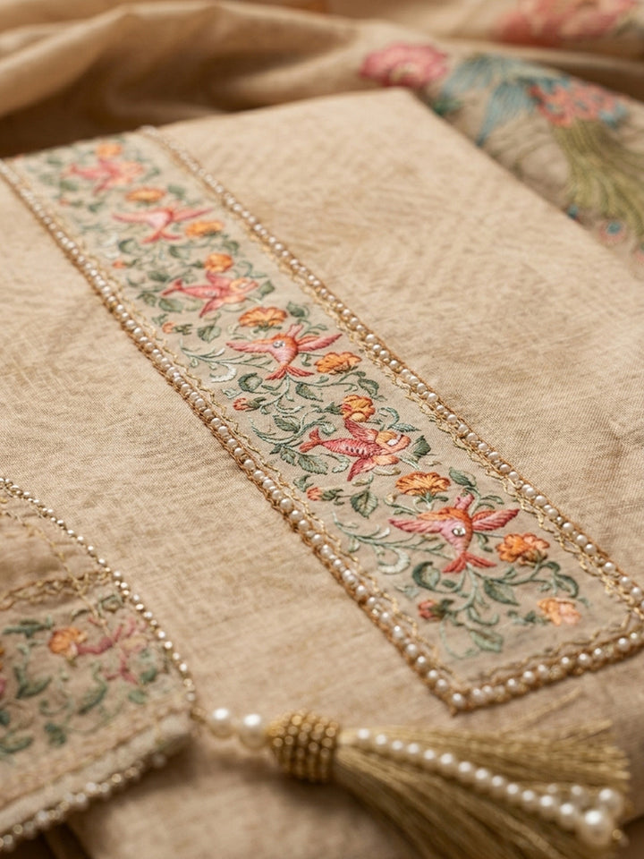 Beige Embroidered Chanderi Unstitched Suit &amp; Pant With Chanderi Dupatta