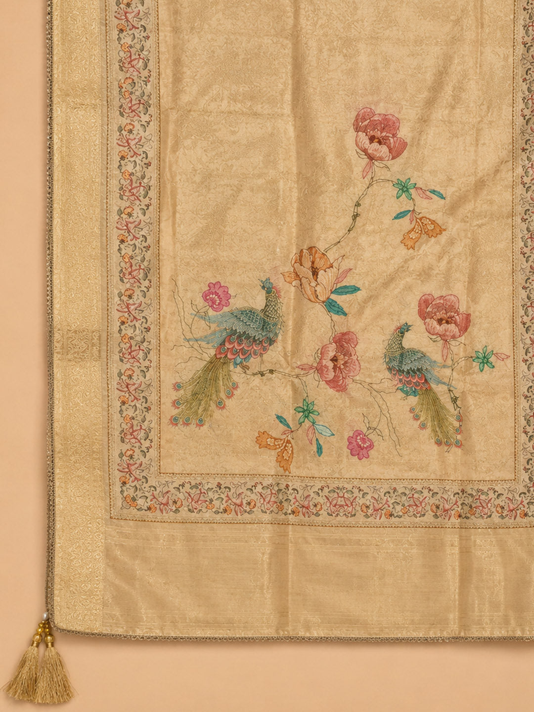 Beige Embroidered Chanderi Unstitched Suit &amp; Pant With Chanderi Dupatta