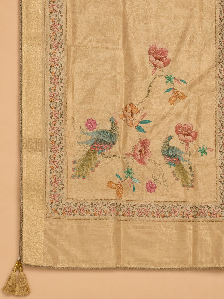 Beige Embroidered Chanderi Unstitched Suit &amp; Pant With Chanderi Dupatta