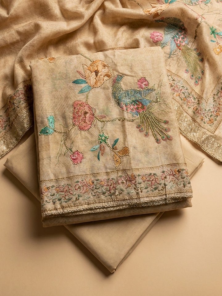 Beige Embroidered Chanderi Unstitched Suit &amp; Pant With Chanderi Dupatta