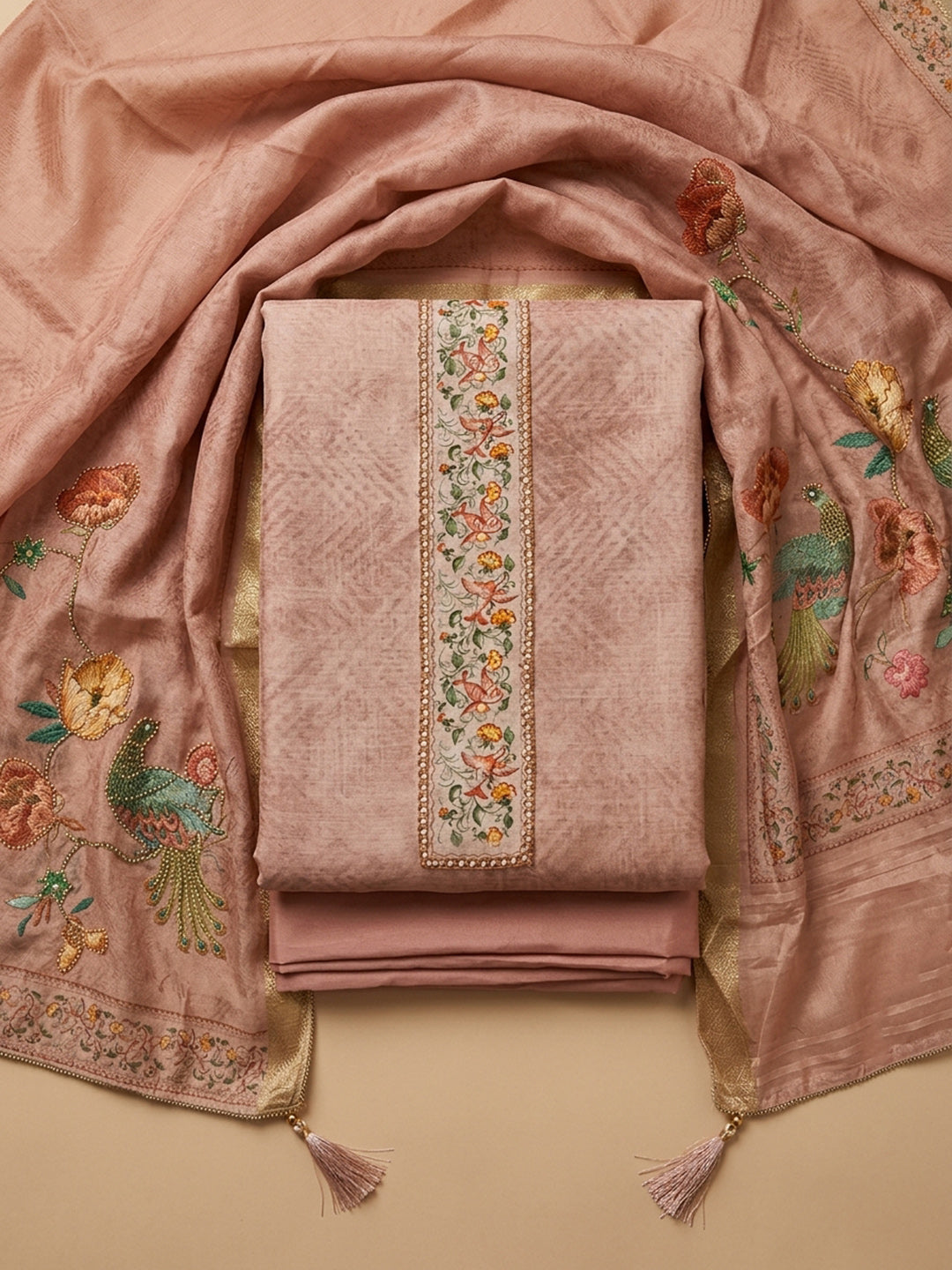 Peach Embroidered Chanderi Unstitched Suit &amp; Pant With Chanderi Dupatta