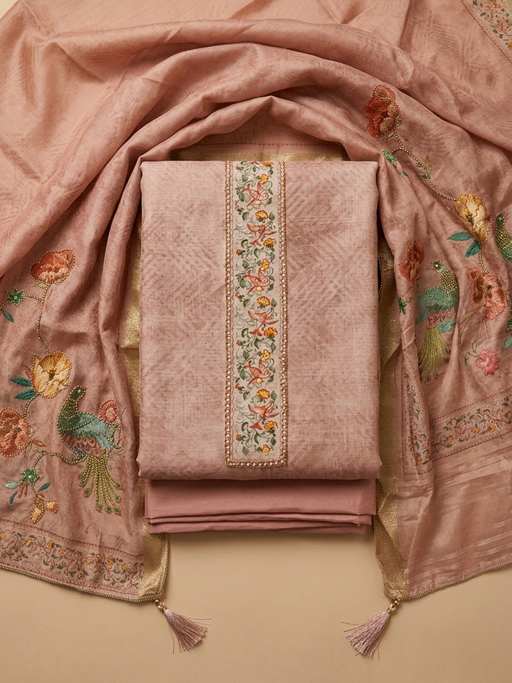 Peach Embroidered Chanderi Unstitched Suit &amp; Pant With Chanderi Dupatta
