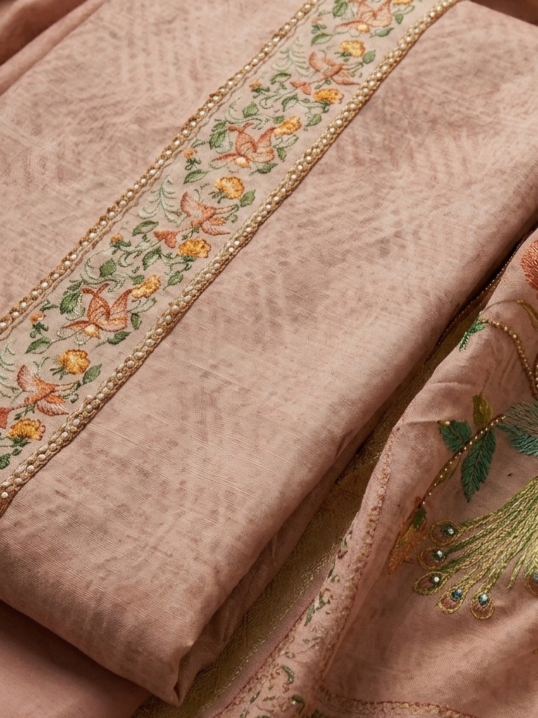 Peach Embroidered Chanderi Unstitched Suit &amp; Pant With Chanderi Dupatta