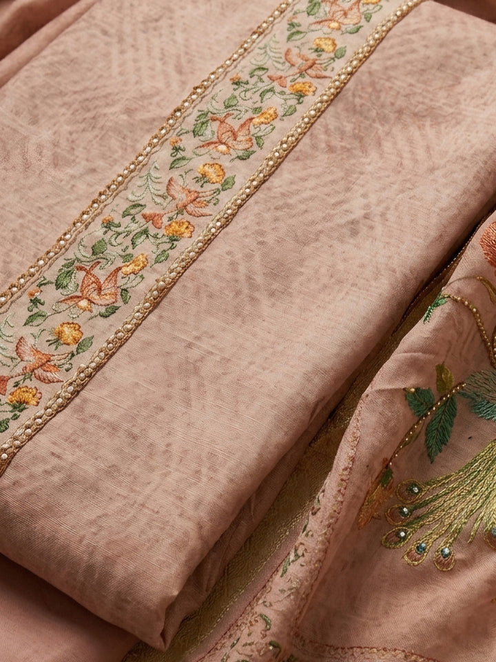Peach Embroidered Chanderi Unstitched Suit &amp; Pant With Chanderi Dupatta