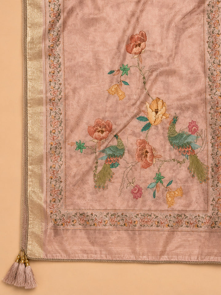 Peach Embroidered Chanderi Unstitched Suit &amp; Pant With Chanderi Dupatta