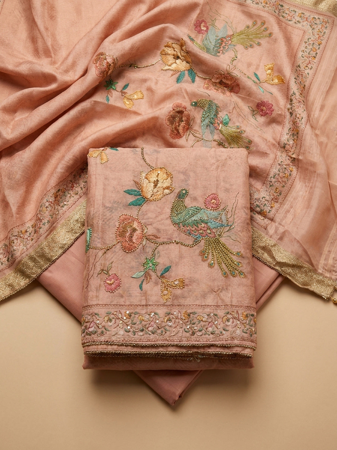 Peach Embroidered Chanderi Unstitched Suit &amp; Pant With Chanderi Dupatta