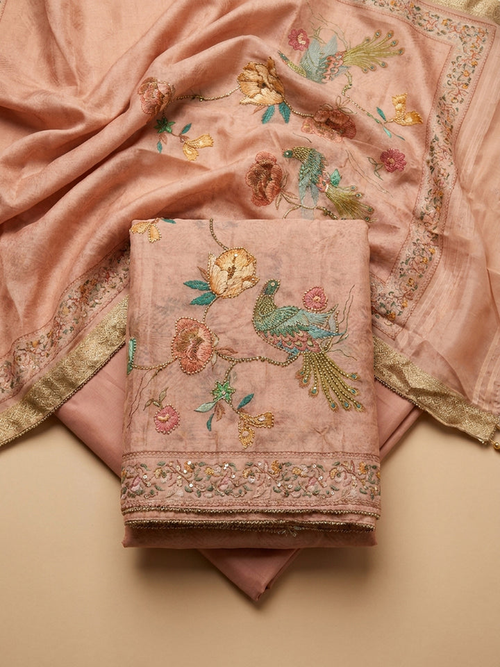 Peach Embroidered Chanderi Unstitched Suit &amp; Pant With Chanderi Dupatta