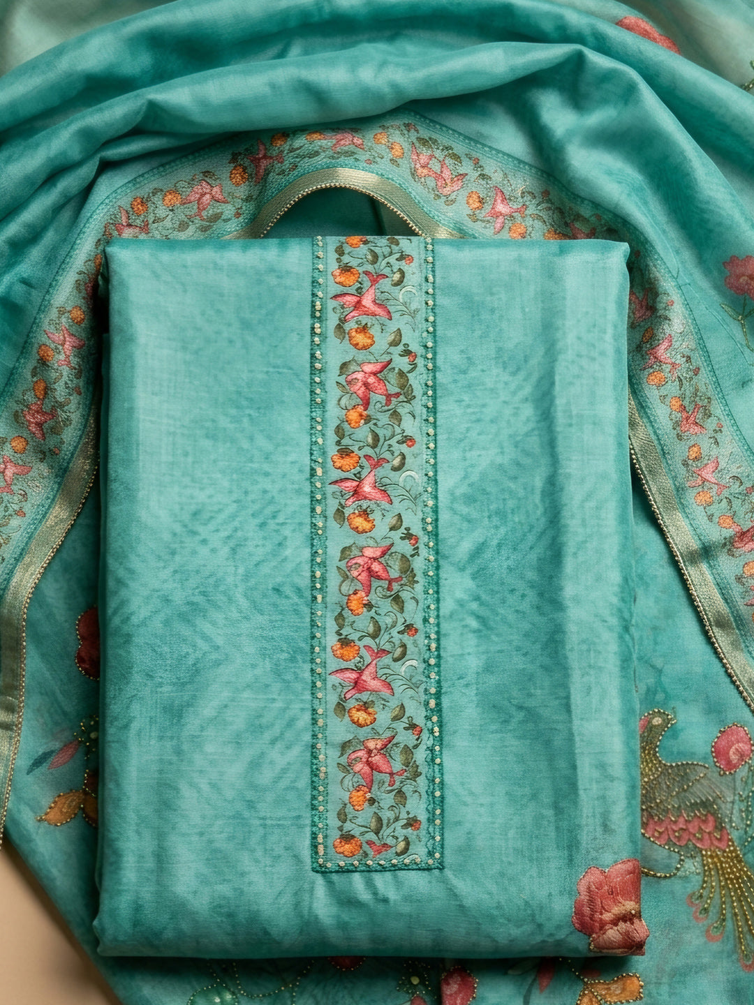 Sea Green Embroidered Chanderi Unstitched Suit &amp; Pant With Chanderi Dupatta