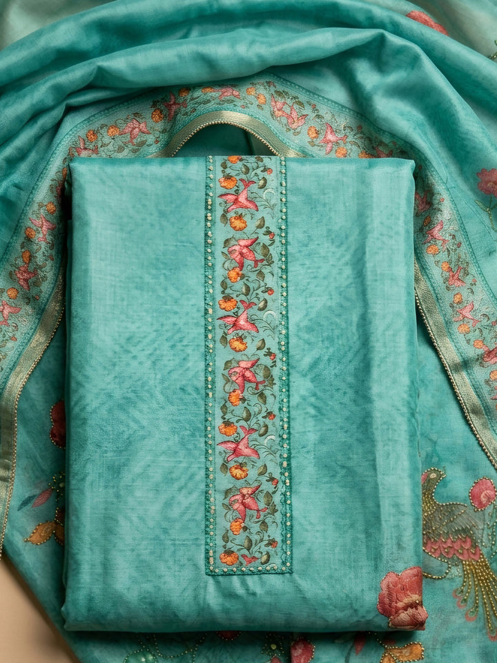Sea Green Embroidered Chanderi Unstitched Suit &amp; Pant With Chanderi Dupatta